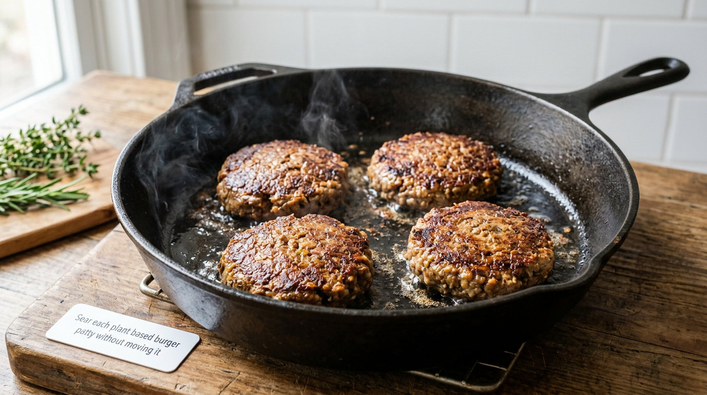 Sear each plant based burger patty without moving it
