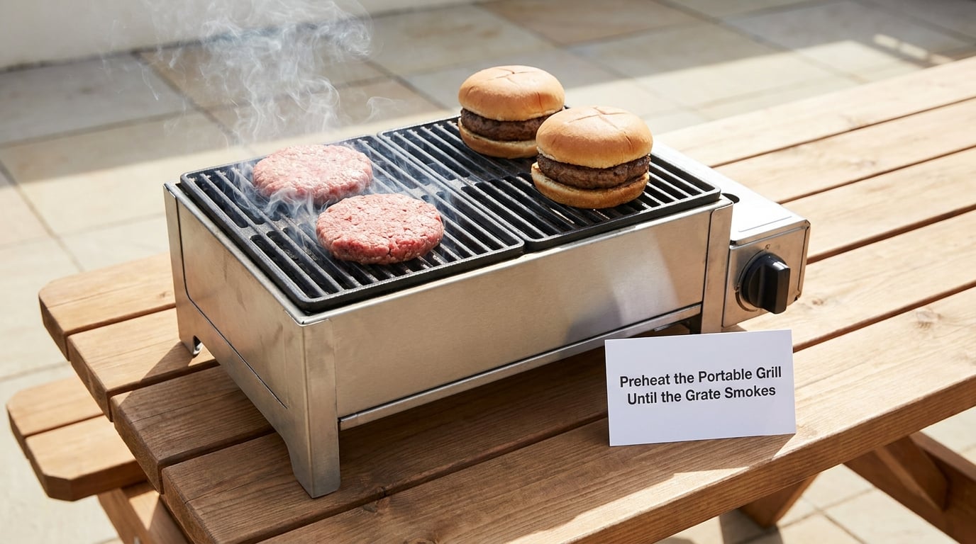 Preheat the Portable Grill Until the Grate Smokes