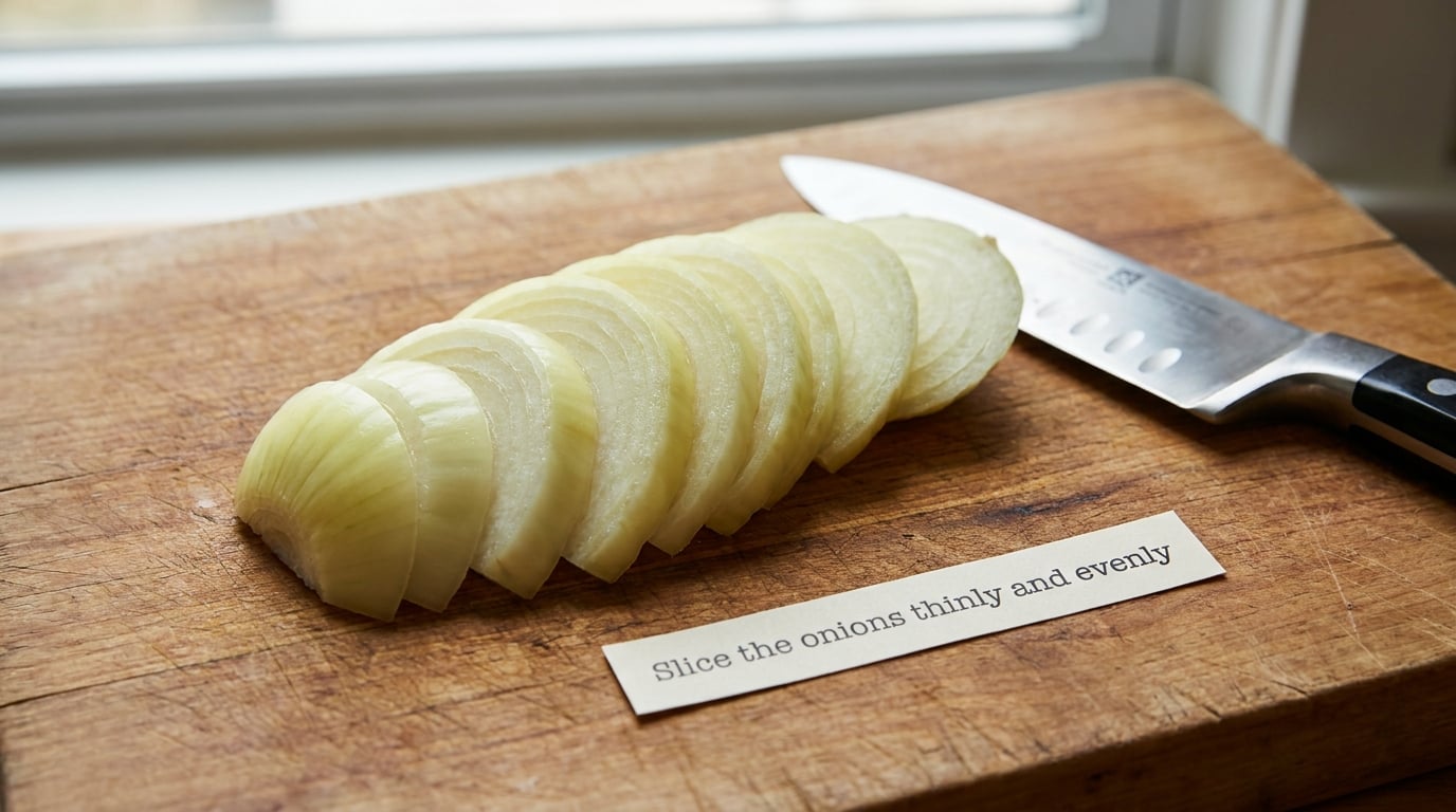 Slice the onions thinly and evenly
