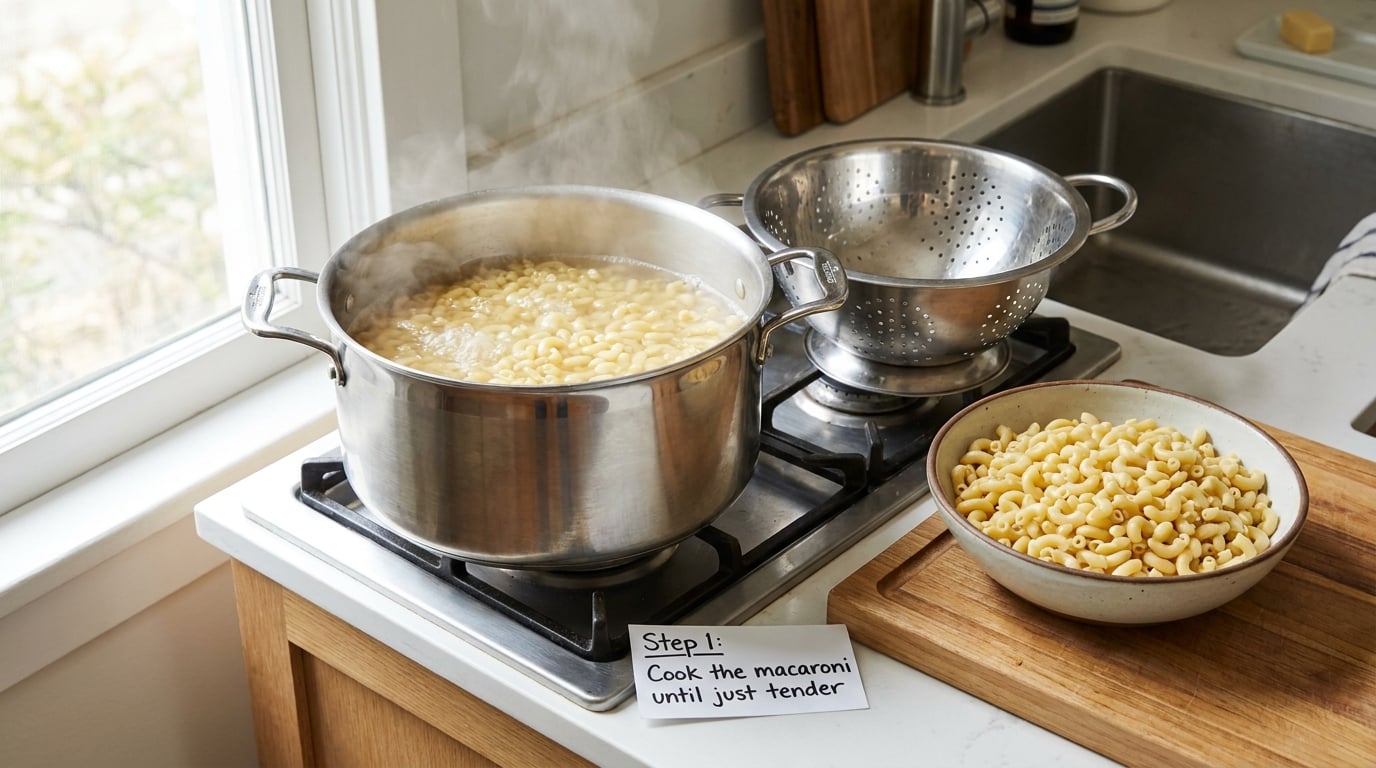 Step 1: Cook the macaroni until just tender