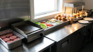 how restaurant kitchens organize a burger line