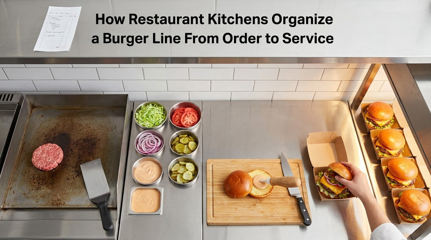 How Restaurant Kitchens Organize a Burger Line From Order to Service