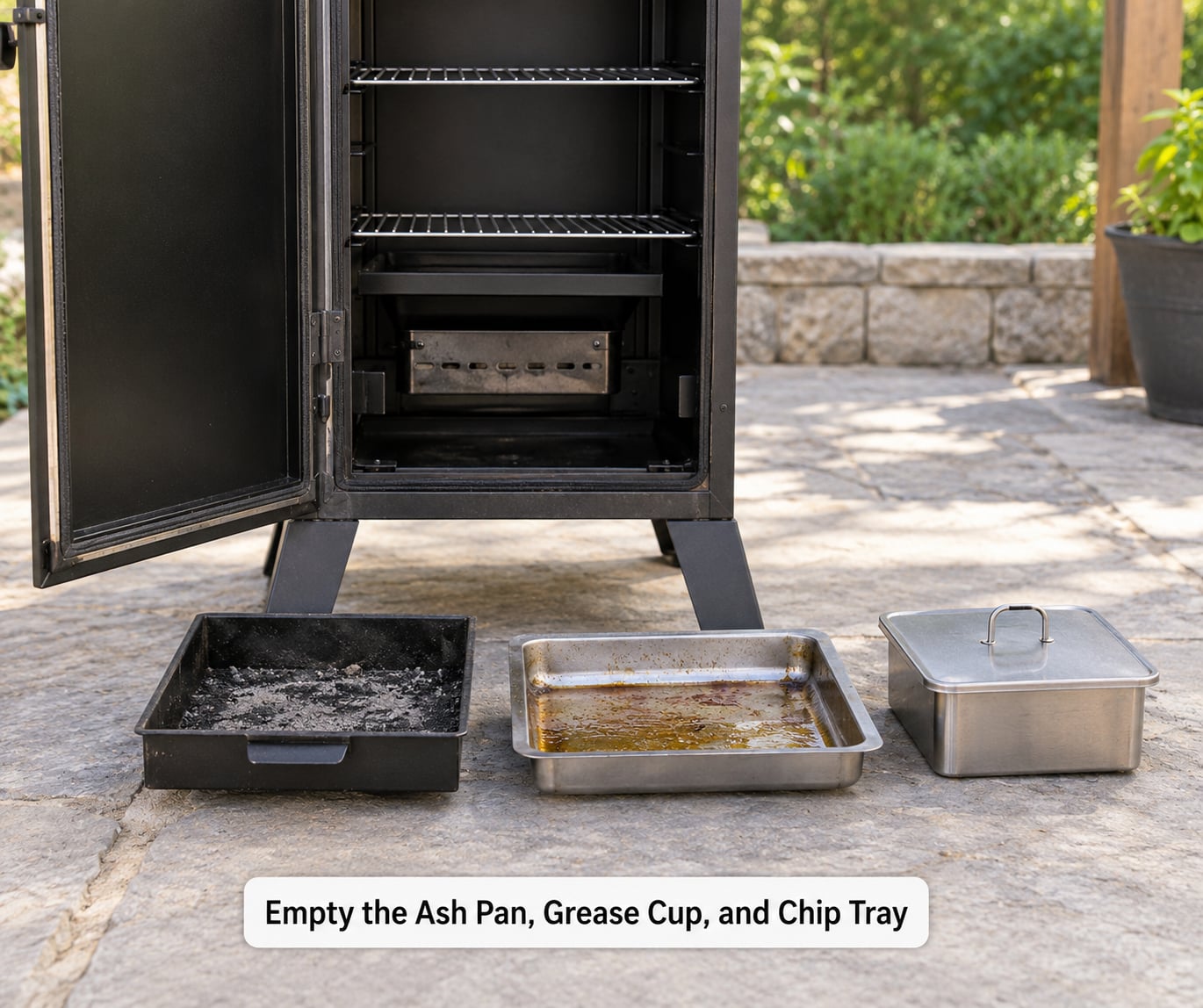Empty the Ash Pan, Grease Cup, and Chip Tray