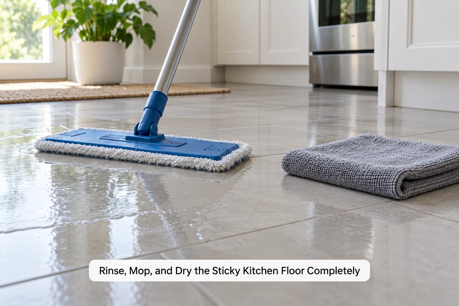 Rinse, Mop, and Dry the Sticky Kitchen Floor Completely