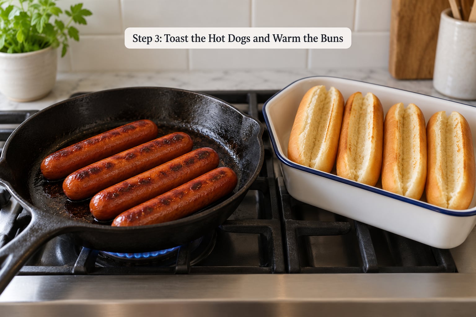 Step 3: Toast the Hot Dogs and Warm the Buns