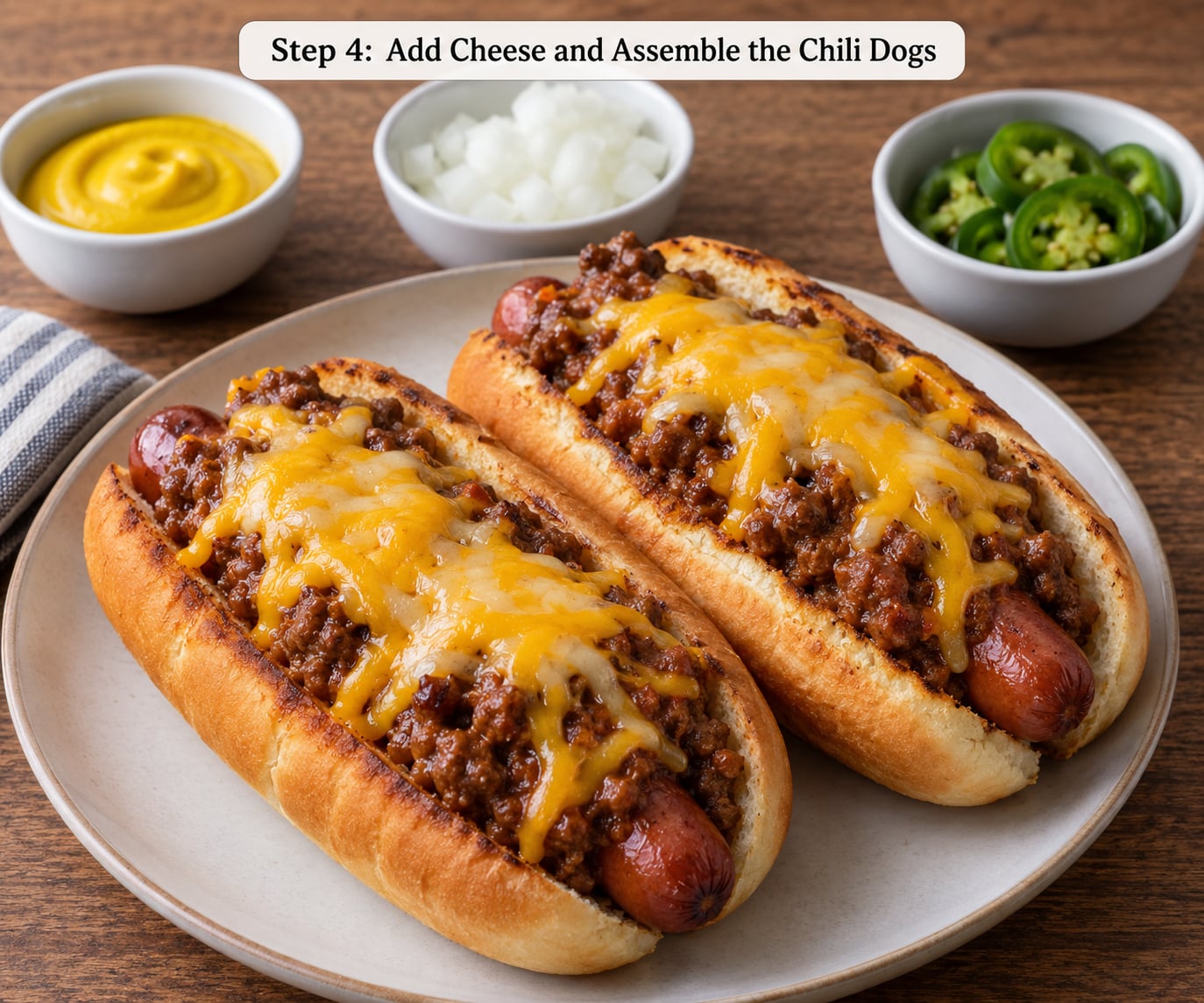 Step 4: Add Cheese and Assemble the Chili Dogs