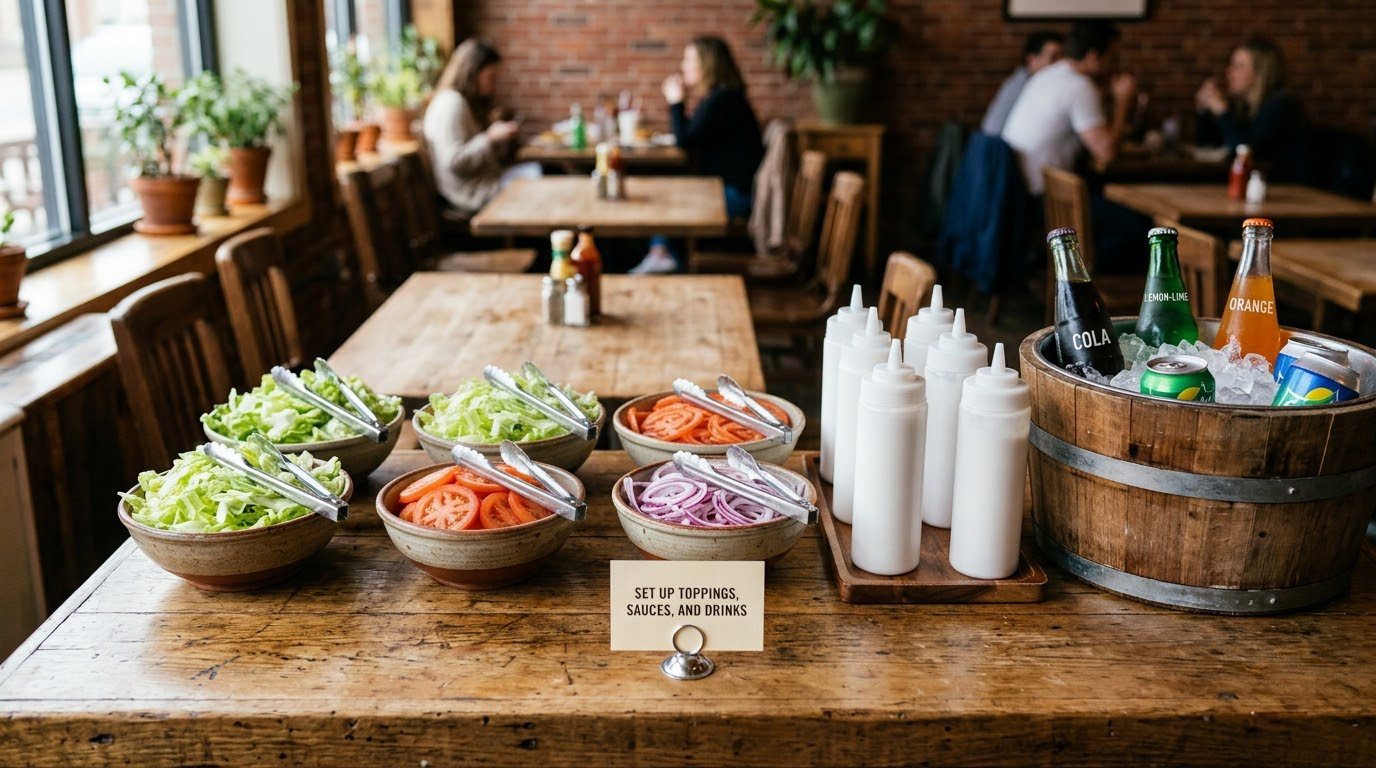 Set up toppings, sauces, and drinks