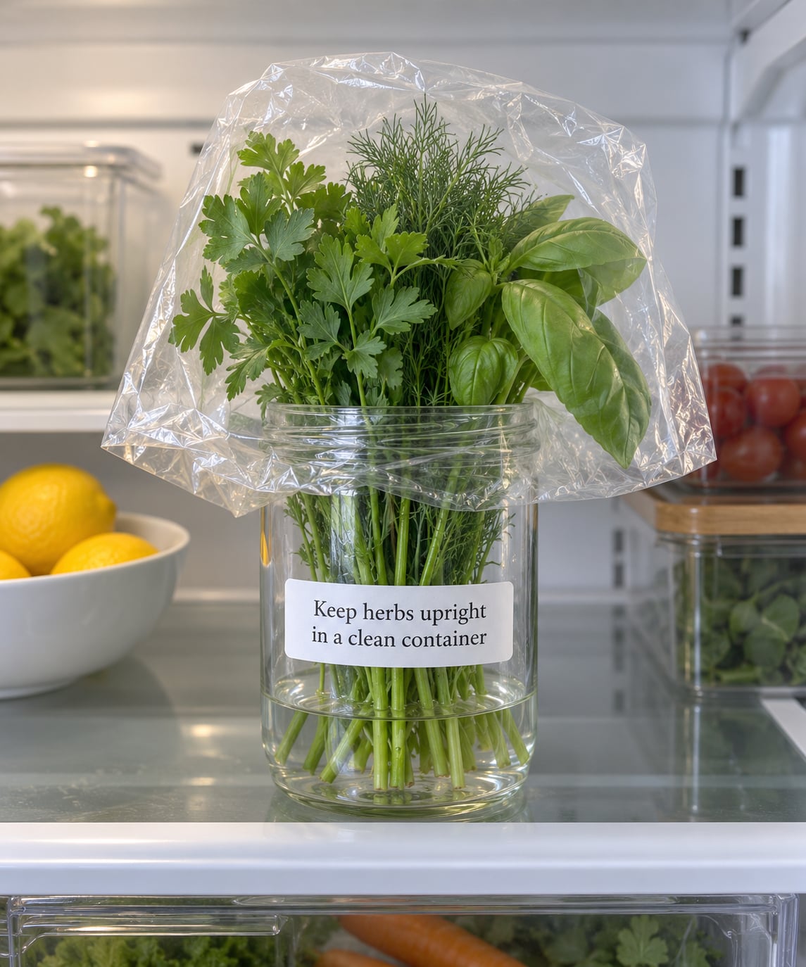 Keep herbs upright in a clean container